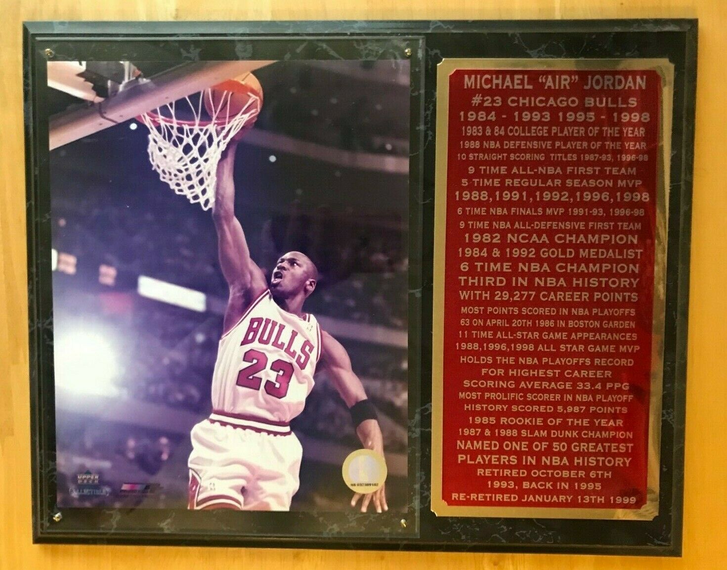 Michael Jordan #23 Hall Of Fame Chicago Bulls Plaque 15 X 12 Inches Amazing Cond