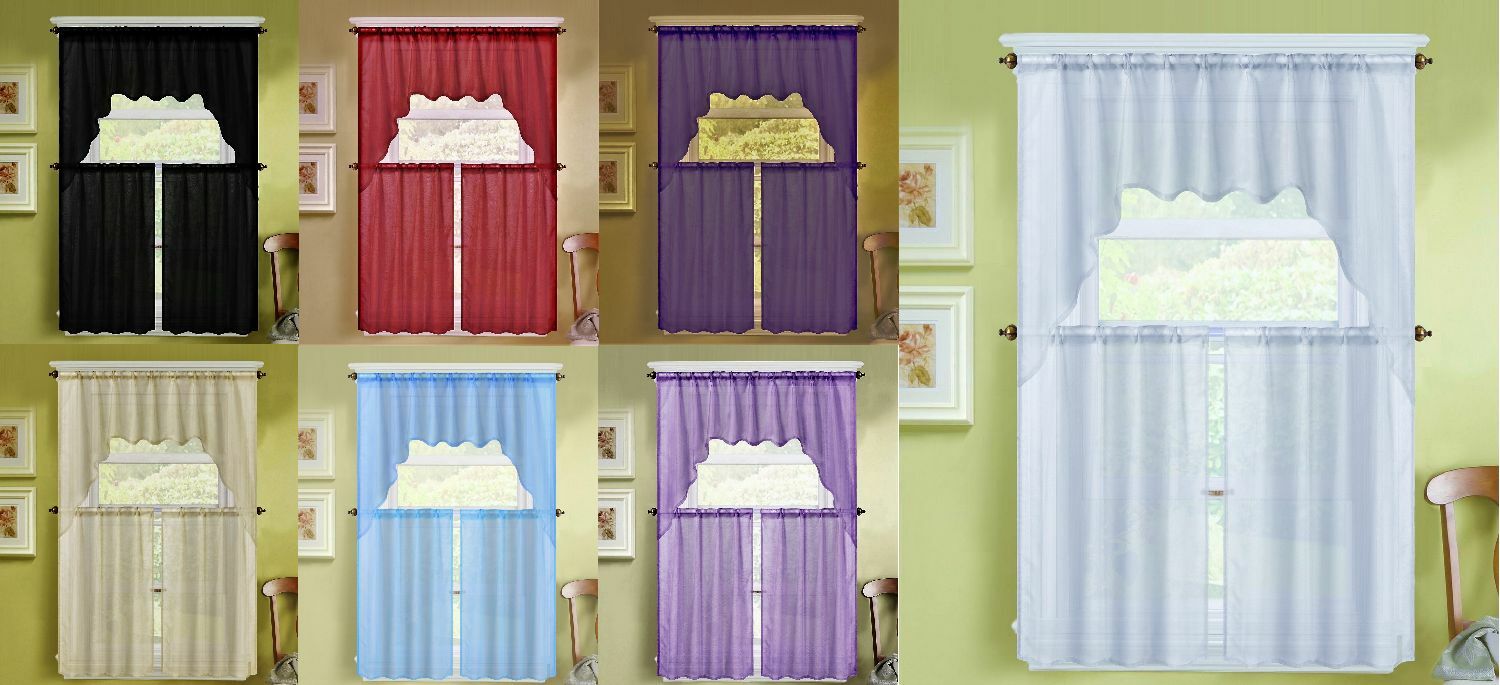 3pc (k66) Solid Voile Sheer Kitchen Window Curtain 2 Tiers + 1 Swag Valance Set
