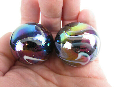 2 Boulders 35mm  Milky Way Marbles Glass Ball Oil Slick Large Huge Swirl