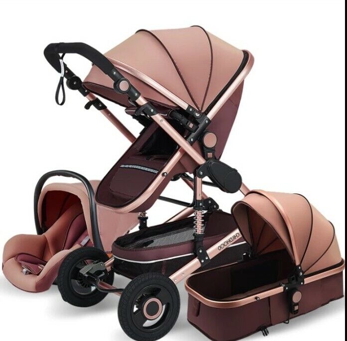 3 In 1 Brown Portable High Landscape Baby Bassinet Carriage Stroller Set 0-4