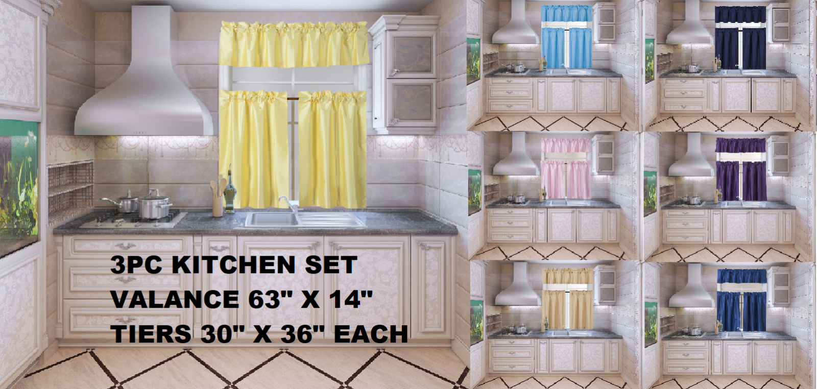 3pc (k3) Solid Faux Lined Kitchen Window Curtain 2 Tiers + 1 Swag Valance Set Ne