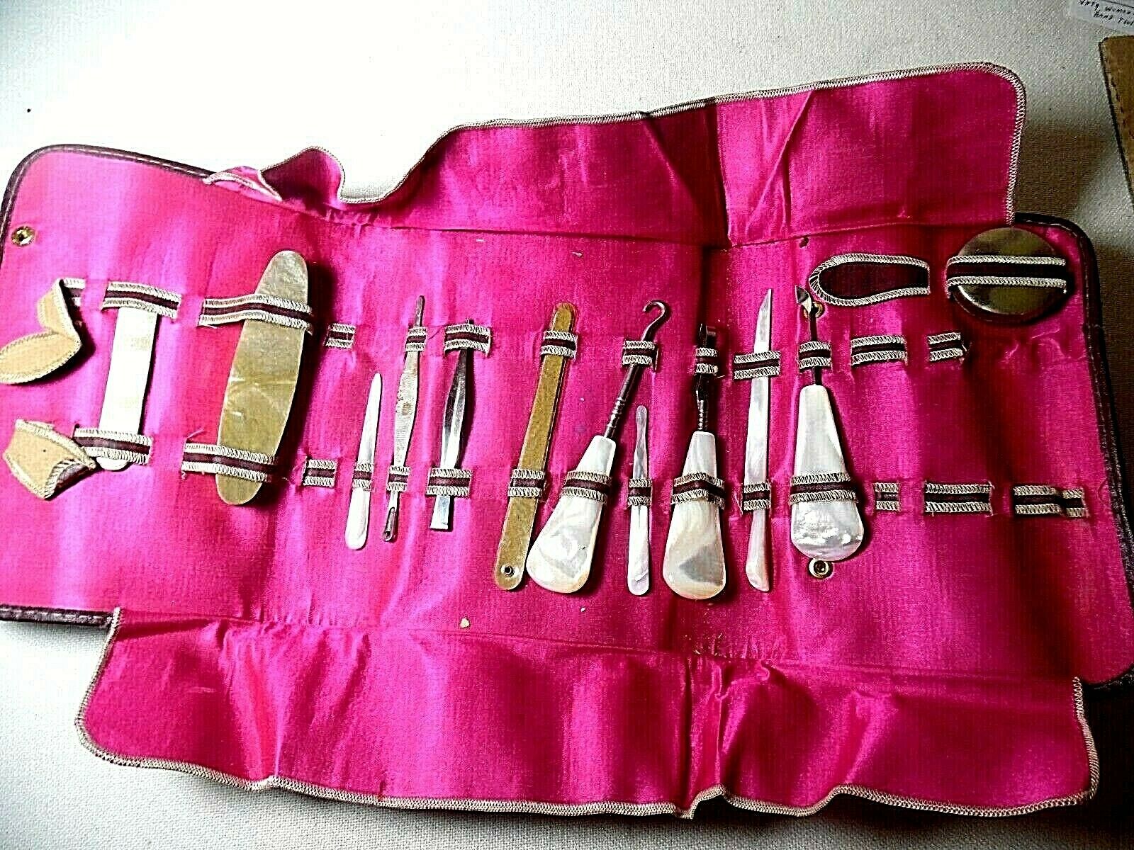 1930's  12-pc Mother Of Pearl Handled Manicure Set In Hand Tooled Leather Case