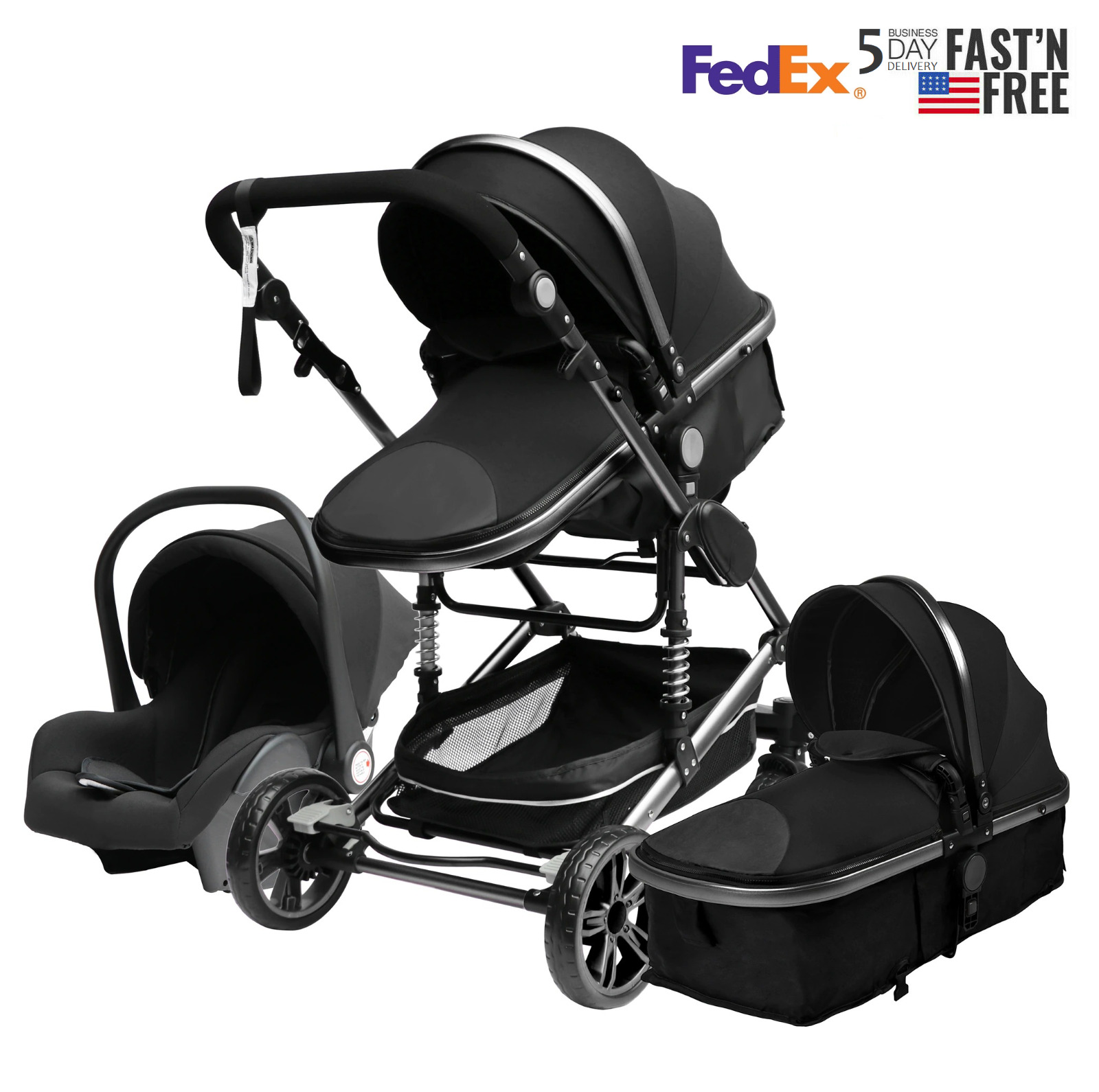 Baby Stroller 3 In 1 Luxury Carriage Foldable Pushchair Infant Bassinet+car Seat