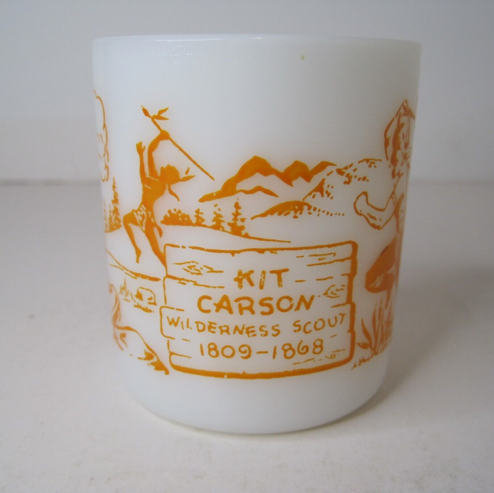 Vintage Kit Carson Wilderness Scout Cowboy Indian Western Milk Glass Mug Cup