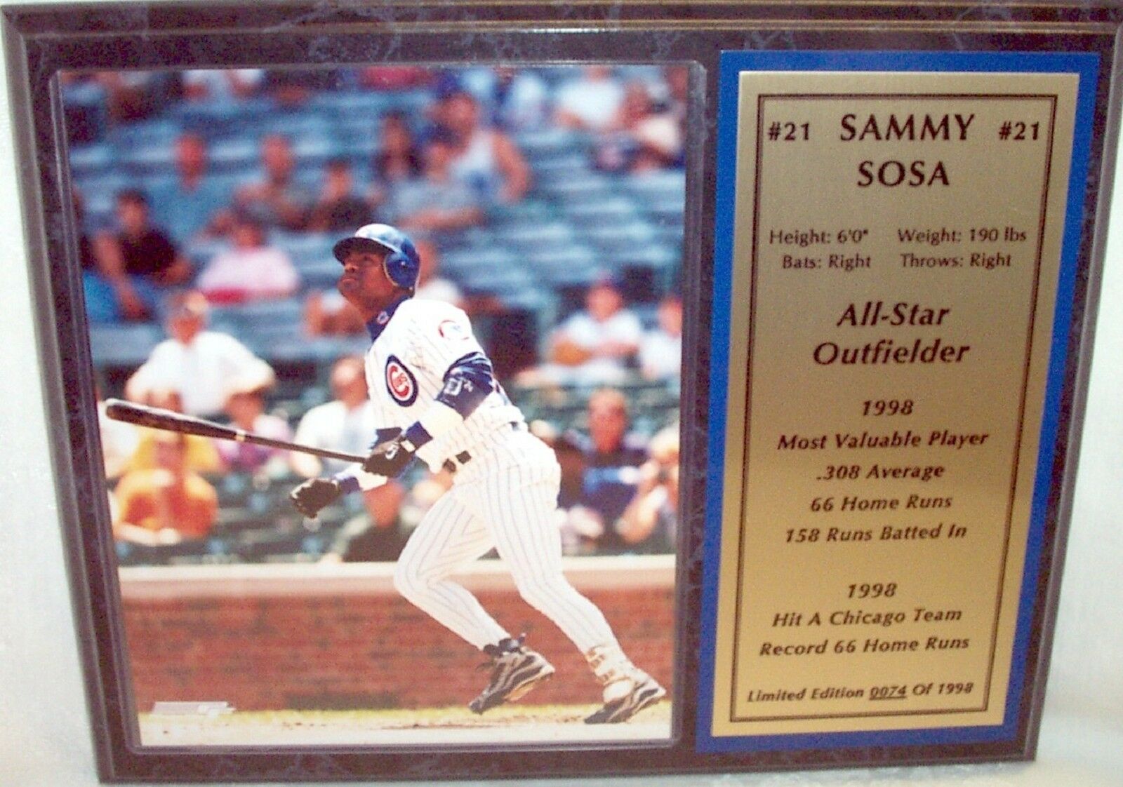 Sammy Sosa Color Photo Plaque 12" X 15" Limited Edition 74 Of 1998